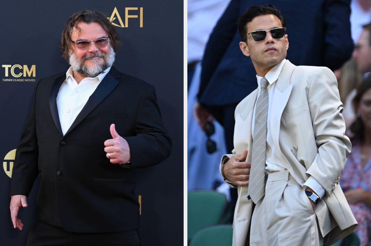 Two men pose at events: one in a classic black suit giving a thumbs-up, the other in a stylish light-colored suit with tie and sunglasses
