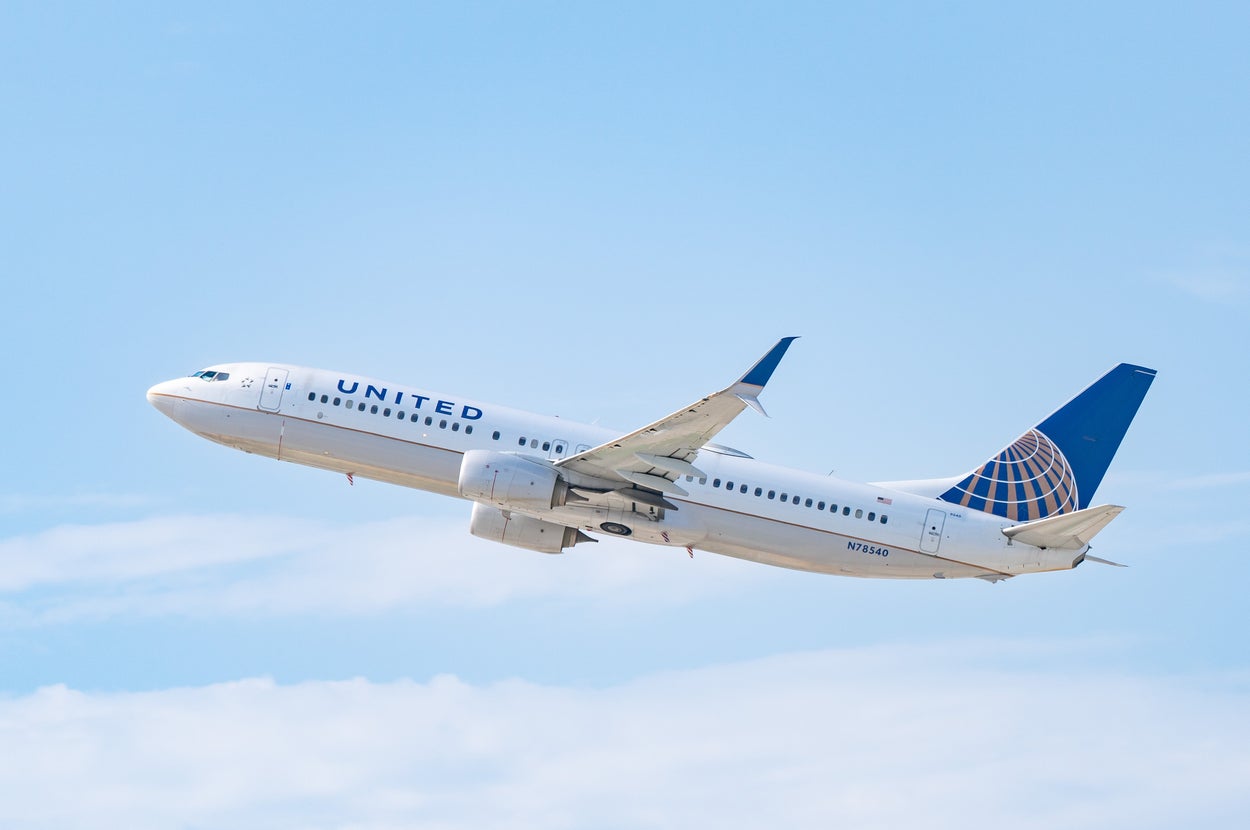 青空を飛ぶユナイテッド航空の旅客機。