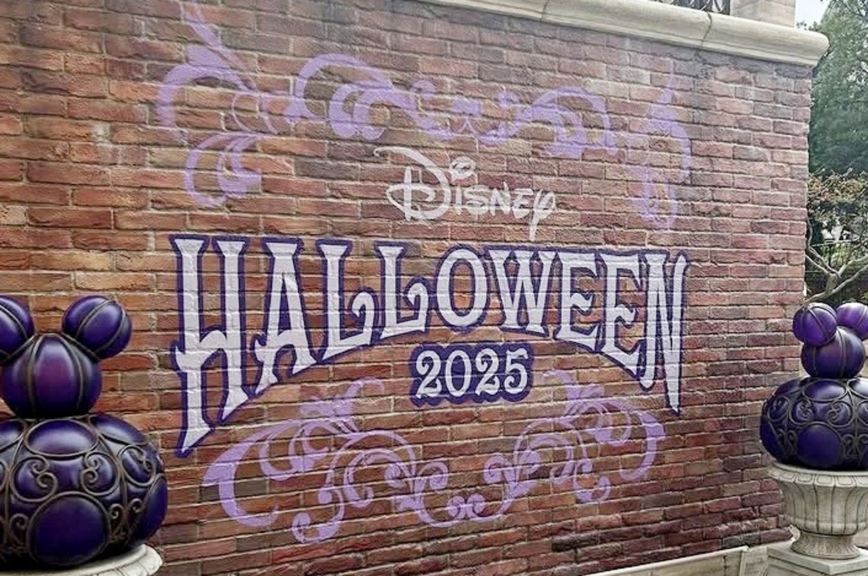 レンガの壁に描かれた「ディズニー ハロウィーン 2025」とのデザインが表示されています。