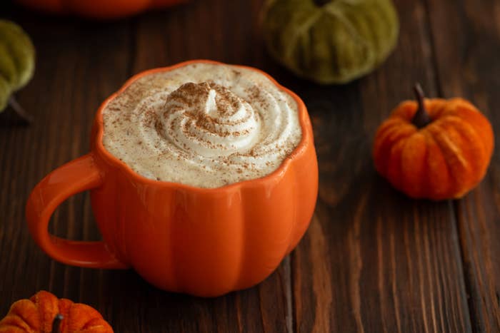 A pumpkin-shaped mug with whipped cream and cinnamon, surrounded by small decorative pumpkins on a wooden table