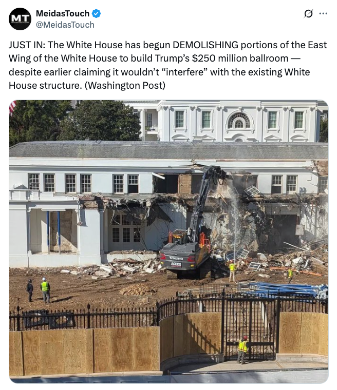 White House East Wing Demolition Begins For Ballroom