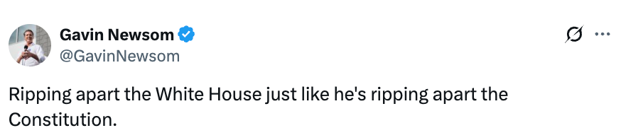 Tweet by Gavin Newsom: "Ripping apart the White House just like he's ripping apart the Constitution."
