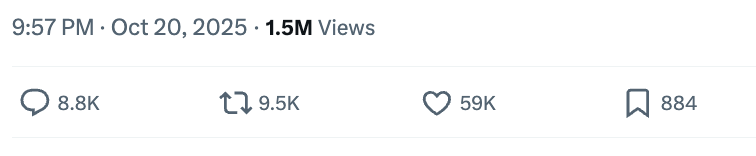 Social media post showing interaction counts: 8.8K comments, 9.5K shares, 59K likes, 884 saves; viewed 1.5M times on October 20, 2025, at 9:57 PM