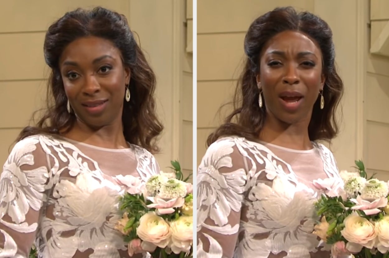 Person in a floral lace dress holding a bouquet, expressing different emotions, at a wedding event