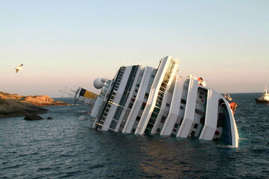 Cruise ship partially submerged and tilted on its side near a rocky coast, with a seagull flying nearby and rescue boats in the distance
