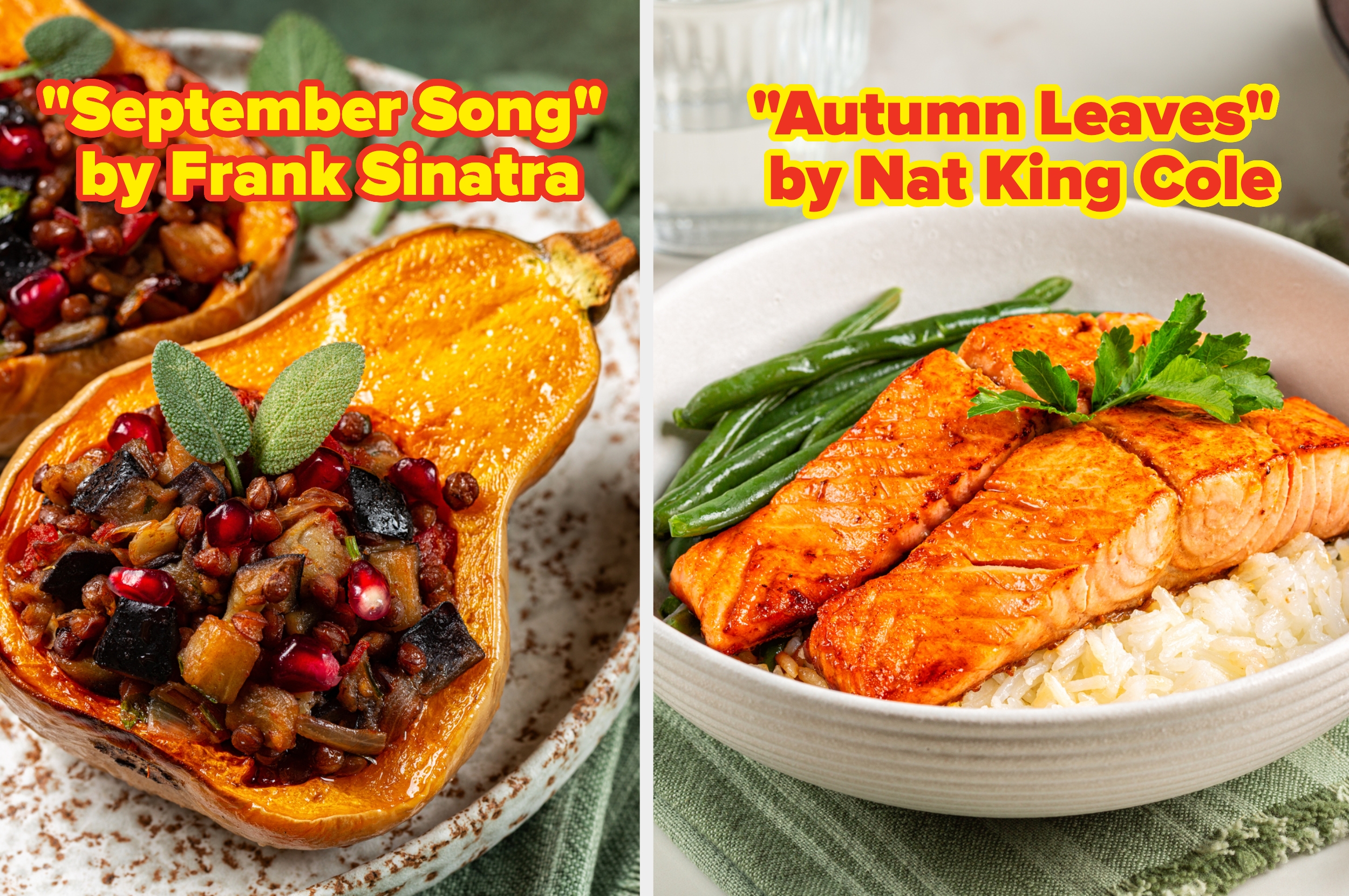Two dishes inspired by songs: stuffed squash titled "September Song," and salmon with rice and beans titled "Autumn Leaves."