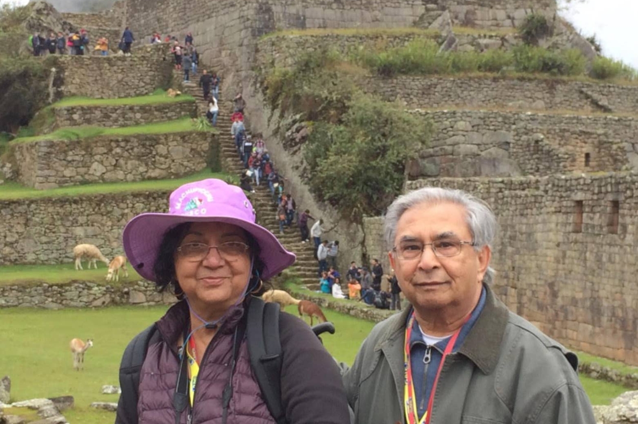 A couple stands in front of ancient stone ruins, with llamas grazing nearby and tourists exploring the site behind them