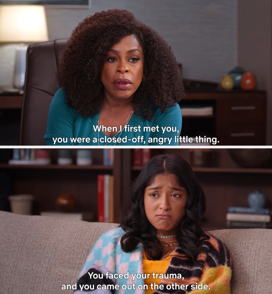 Niecy Nash-Betts arsenic a therapist and Maitreyi Ramakrishnan arsenic her lawsuit successful "Never Have I Ever"