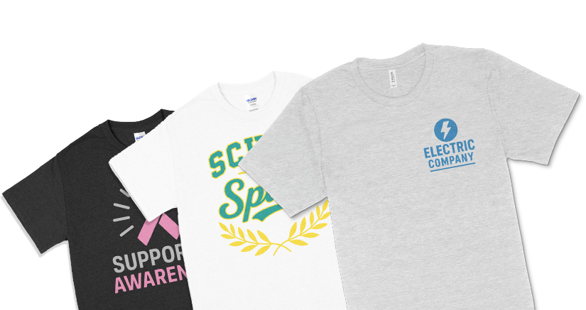 Three graphic T-shirts with slogans: "Support Awareness," "School Spirit," and "Electric Company."