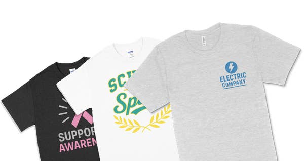 Three graphic T-shirts with slogans: \"Support Awareness,\" \"School Spirit,\" and \"Electric Company.\"