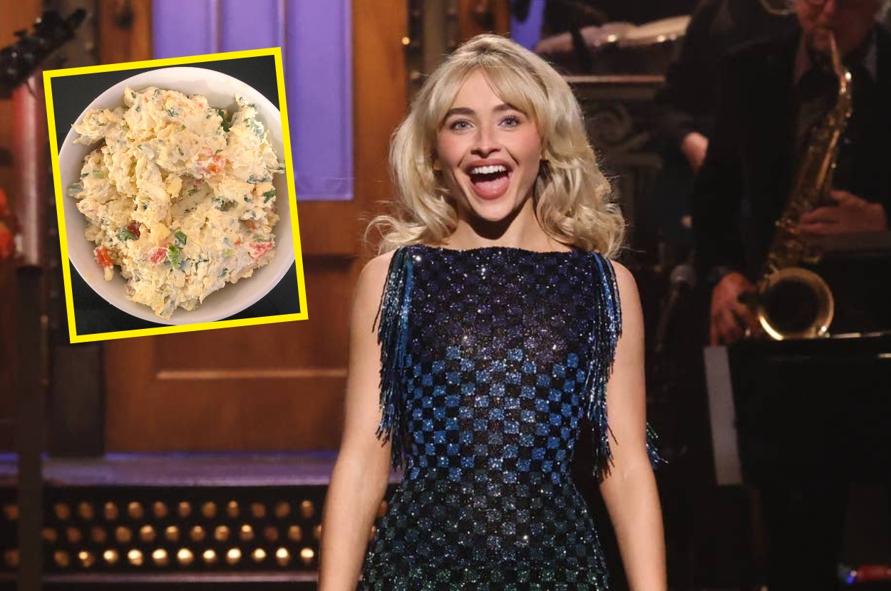 Sabrina Carpenter delivering an SNL monologue with a inset image of her dip recipe
