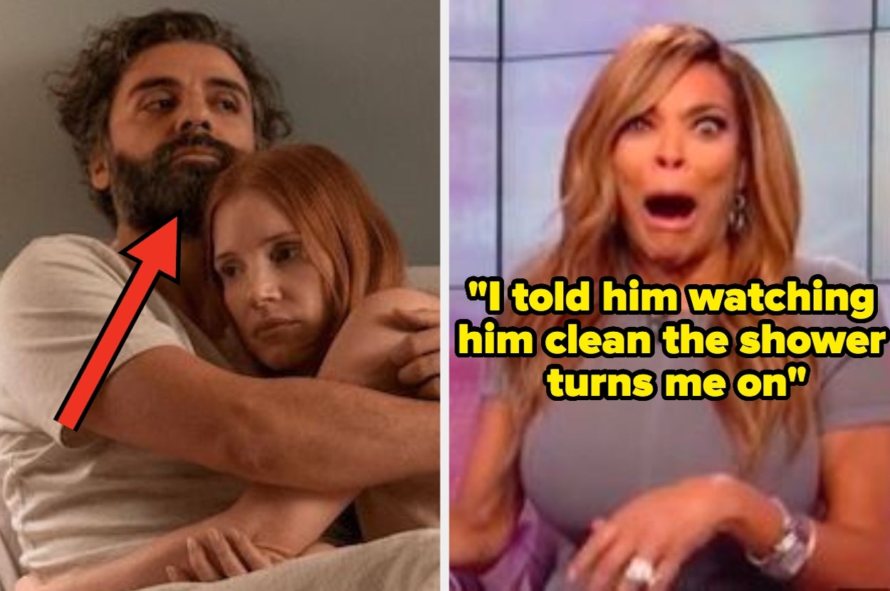 Man hugs woman on left; shocked woman on right with text: "I told him watching him clean the shower turns me on."