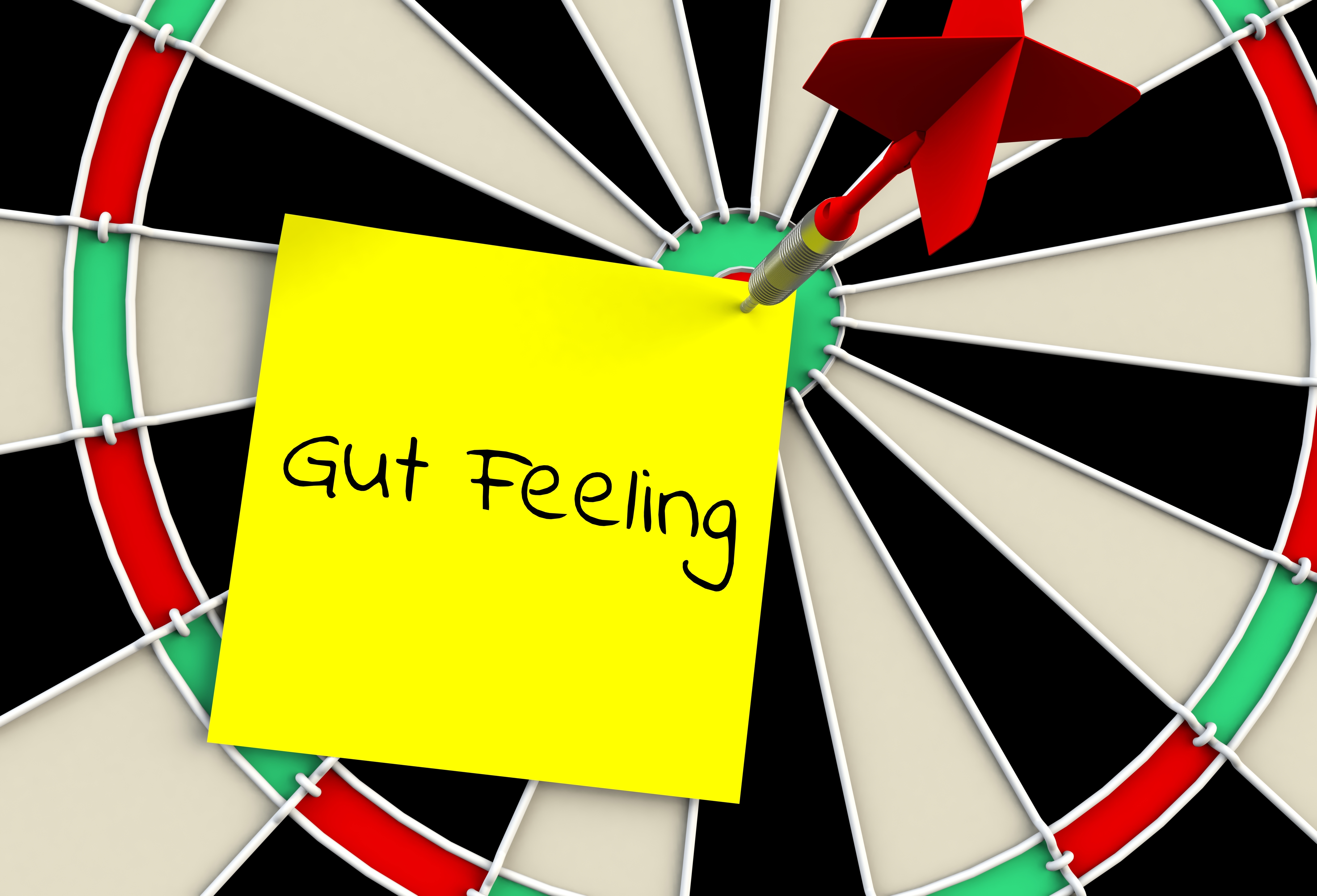 A dart hits the halfway  of a dartboard with a yellowish  sticky enactment      speechmaking  &quot;Gut Feeling&quot; attached to it