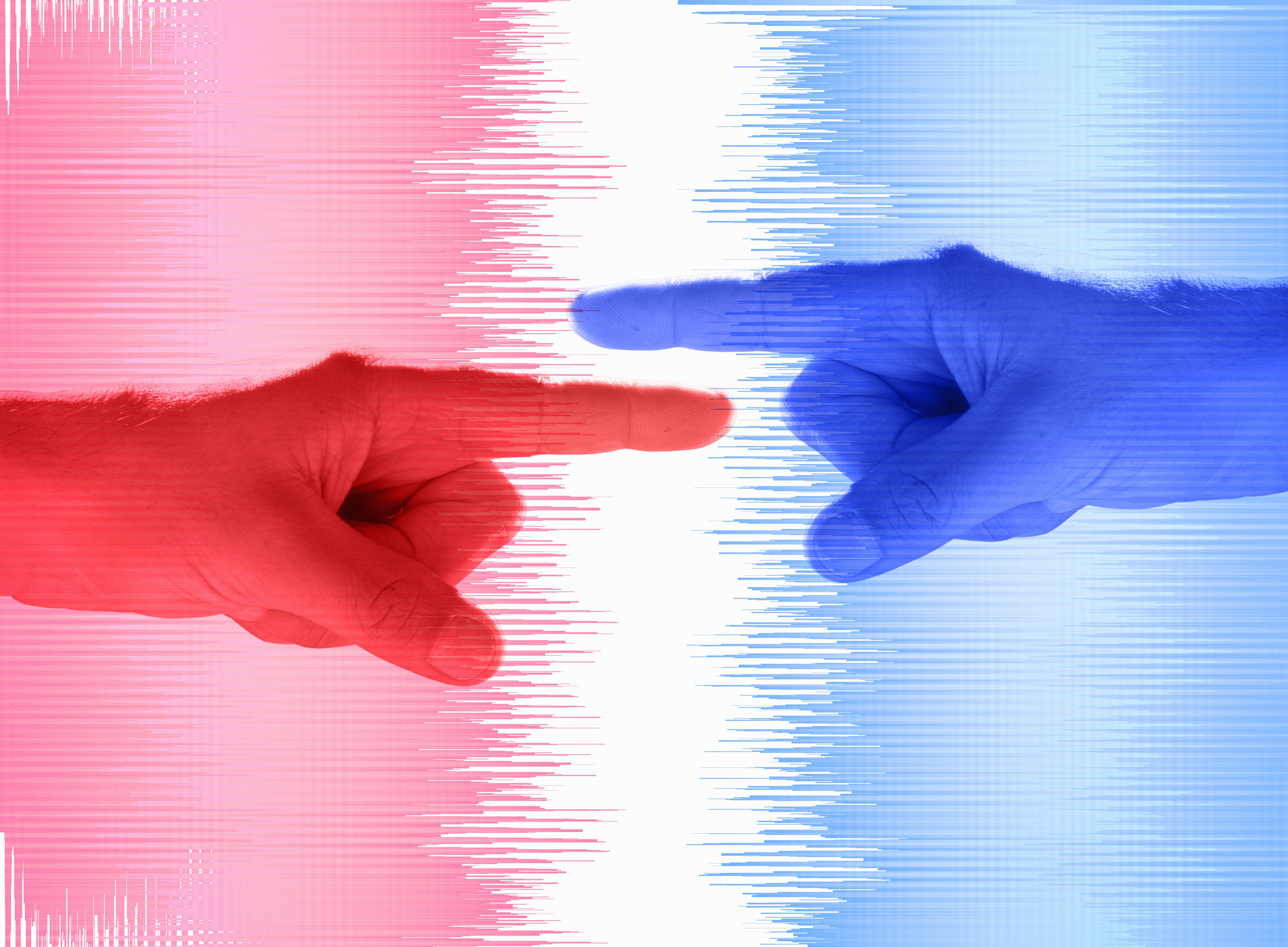 Two hands, 1  reddish  and 1  blue, constituent   astatine  each   different   against a patterned background