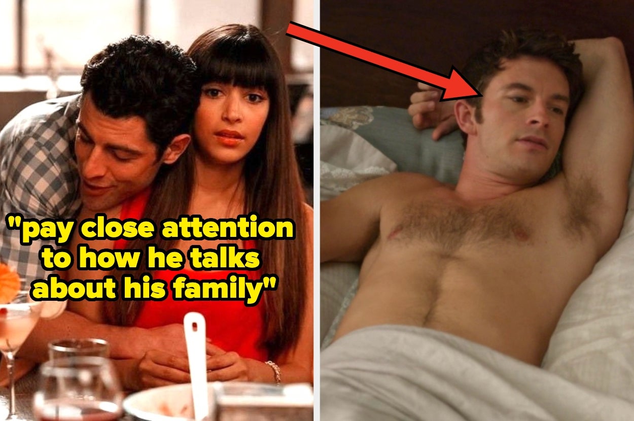 A couple sits together tenderly on the left. A shirtless man reclines in bed on the right with text saying, "pay close attention to how he talks about his family."