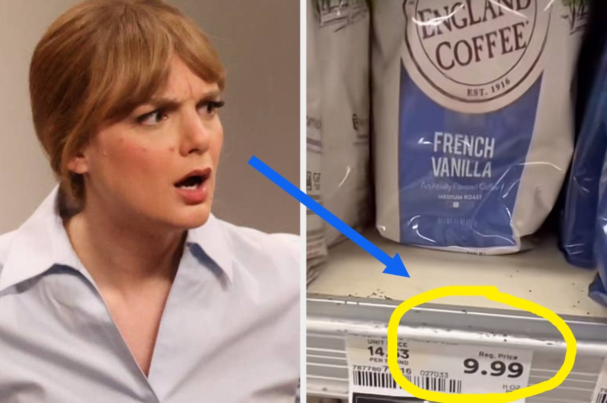 A surprised person on the left; France-themed coffee bag and $9.99 price tag on the right