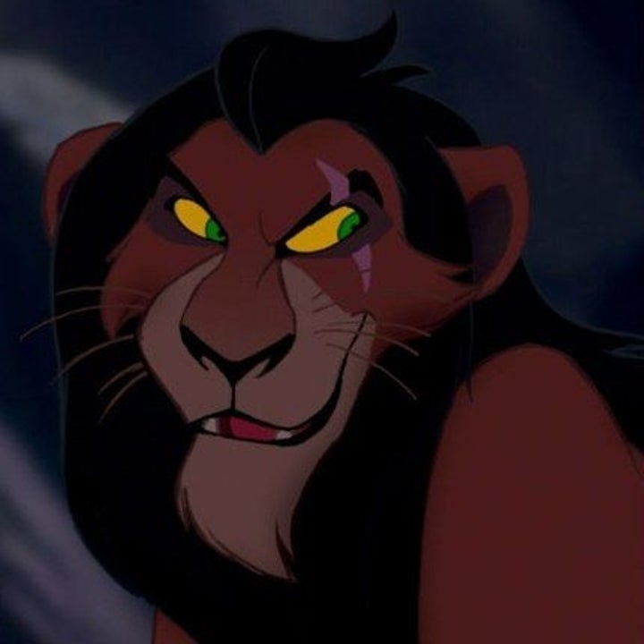 Animated lion with a dark mane and a scar on his eye, showing a cunning expression