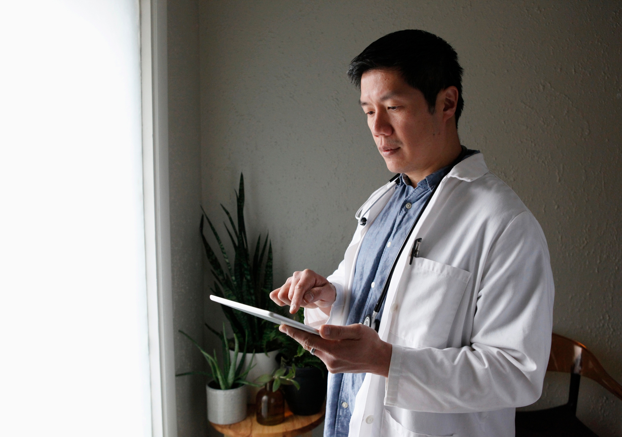 En lege i hvit frakk bruker en nettbrett nær et vindu, med planter i bakgrunnen