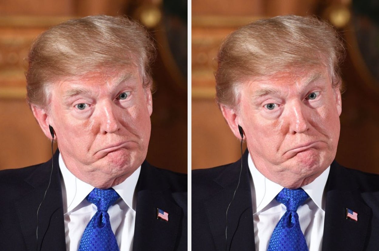 trump in formal attire with a blue tie making a similar facial expression in two side-by-side images