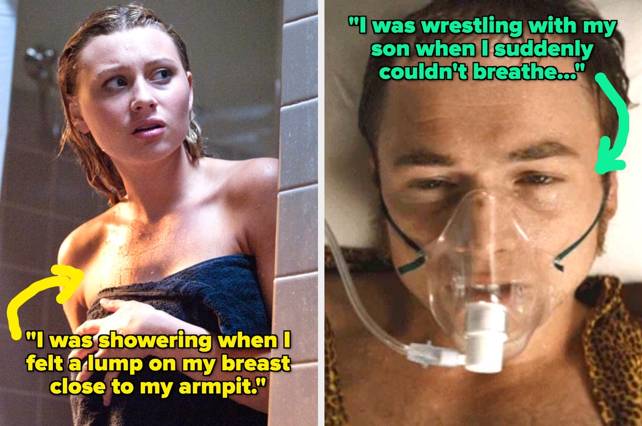 Left image: Woman in shower looking concerned. Caption discusses finding a lump near her armpit. Right image: Person wearing oxygen mask in hospital. Caption details sudden breathing difficulty