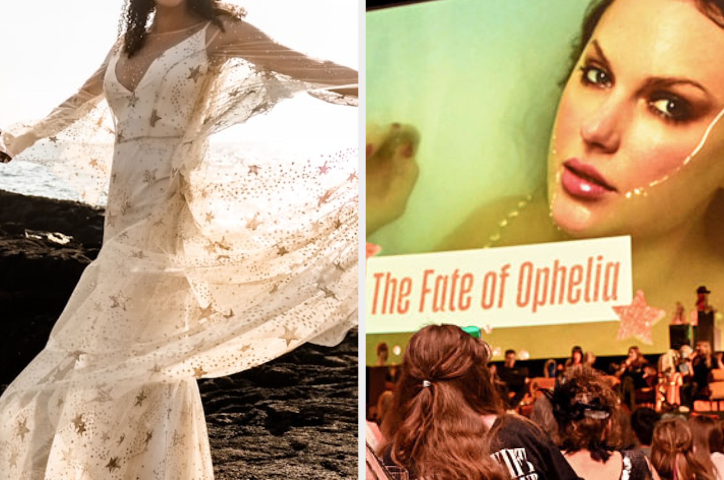 Left: Person in a flowing dress with star patterns by the sea. Right: Audience watches a movie titled "The Fate of Ophelia" in a theater