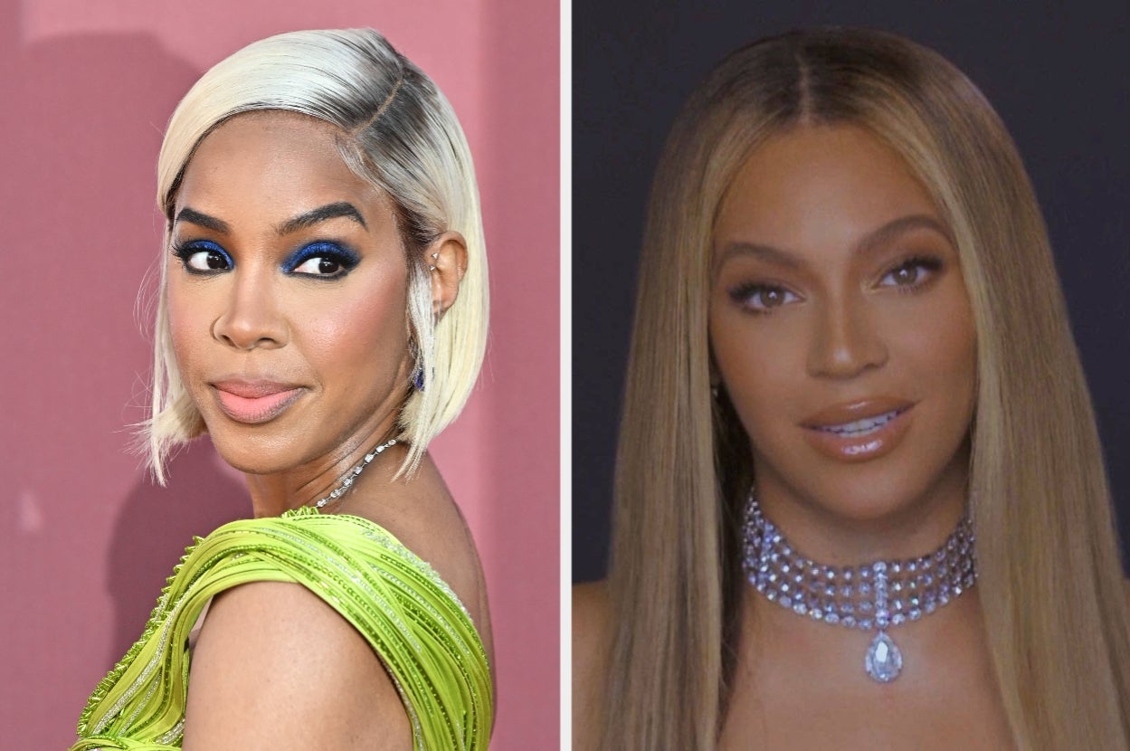 Kelly Rowland with short hair in an elegant dress vs Beyonce in a shiny necklace and simple top, posing for portraits