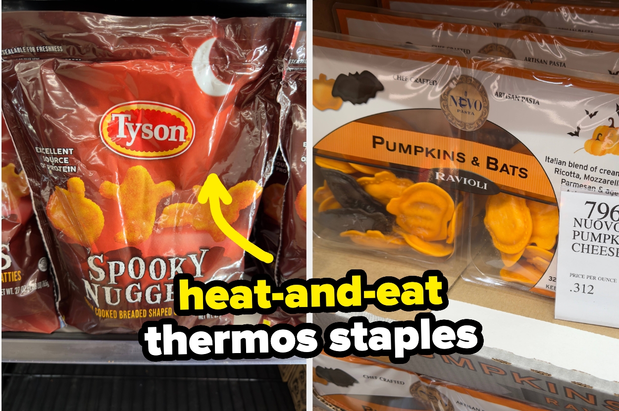 Bag of Tyson Spooky Nuggets and package of pumpkin and bat-shaped ravioli, labeled as "heat-and-eat thermos staples."