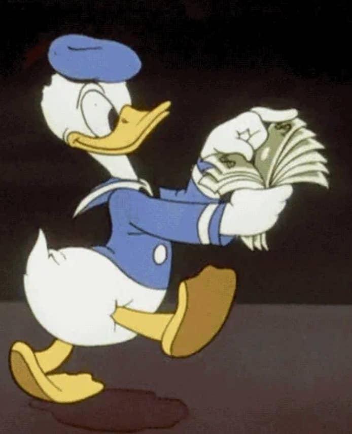 Donald Duck happily walking portion    holding a stack of cash