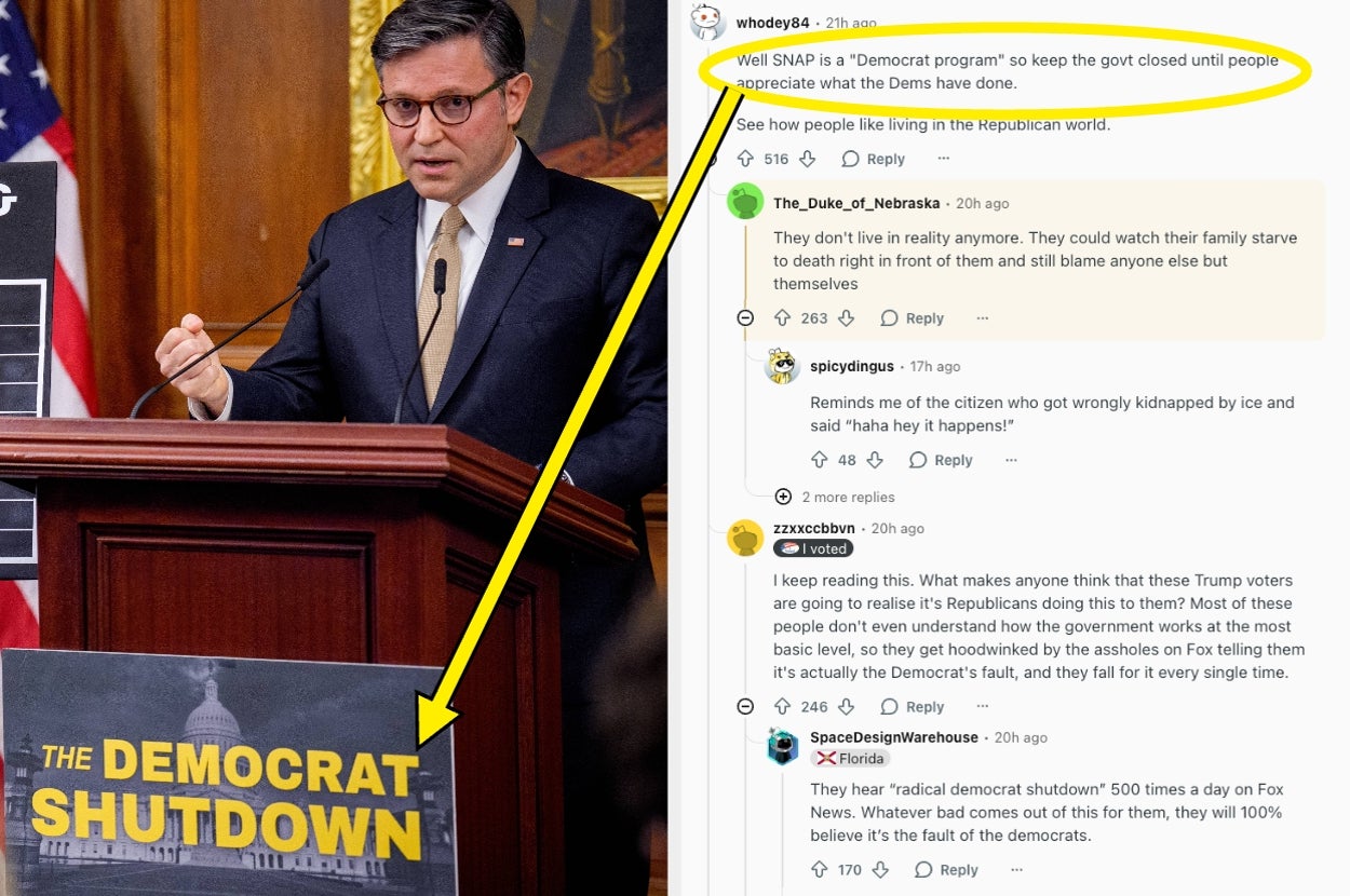 A speaker gestures near a sign saying "The Democrat Shutdown" alongside a highlighted online comment discussing government shutdown and politics