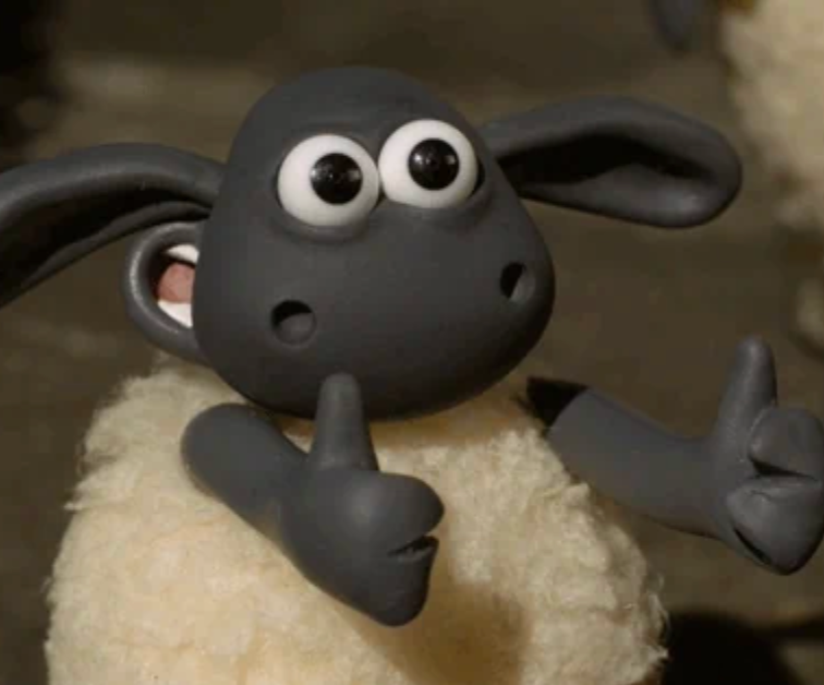 A claymation sheep character, with ample  eyes and fuzzy texture, gestures with hands, appearing thoughtful oregon  curious