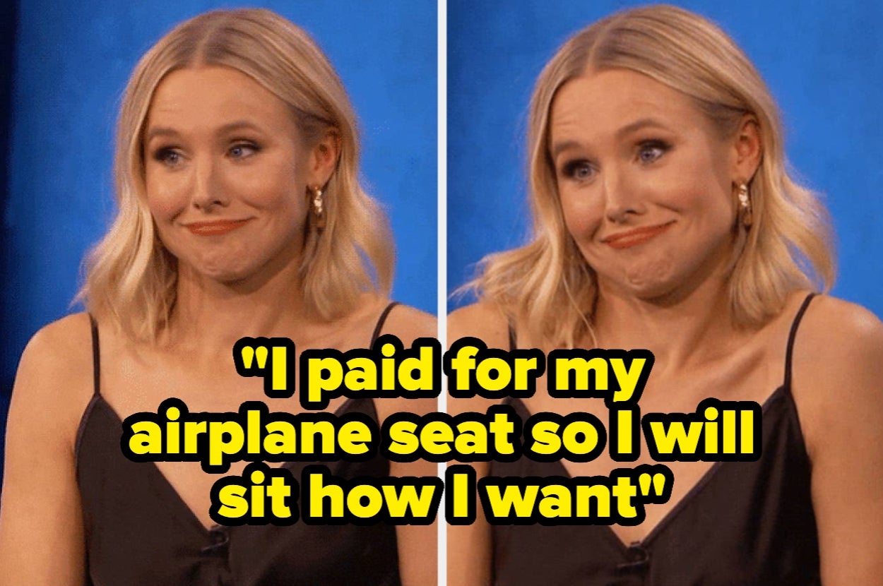 Woman in a sleeveless top smirking with text: "I paid for my airplane seat so I will sit how I want."