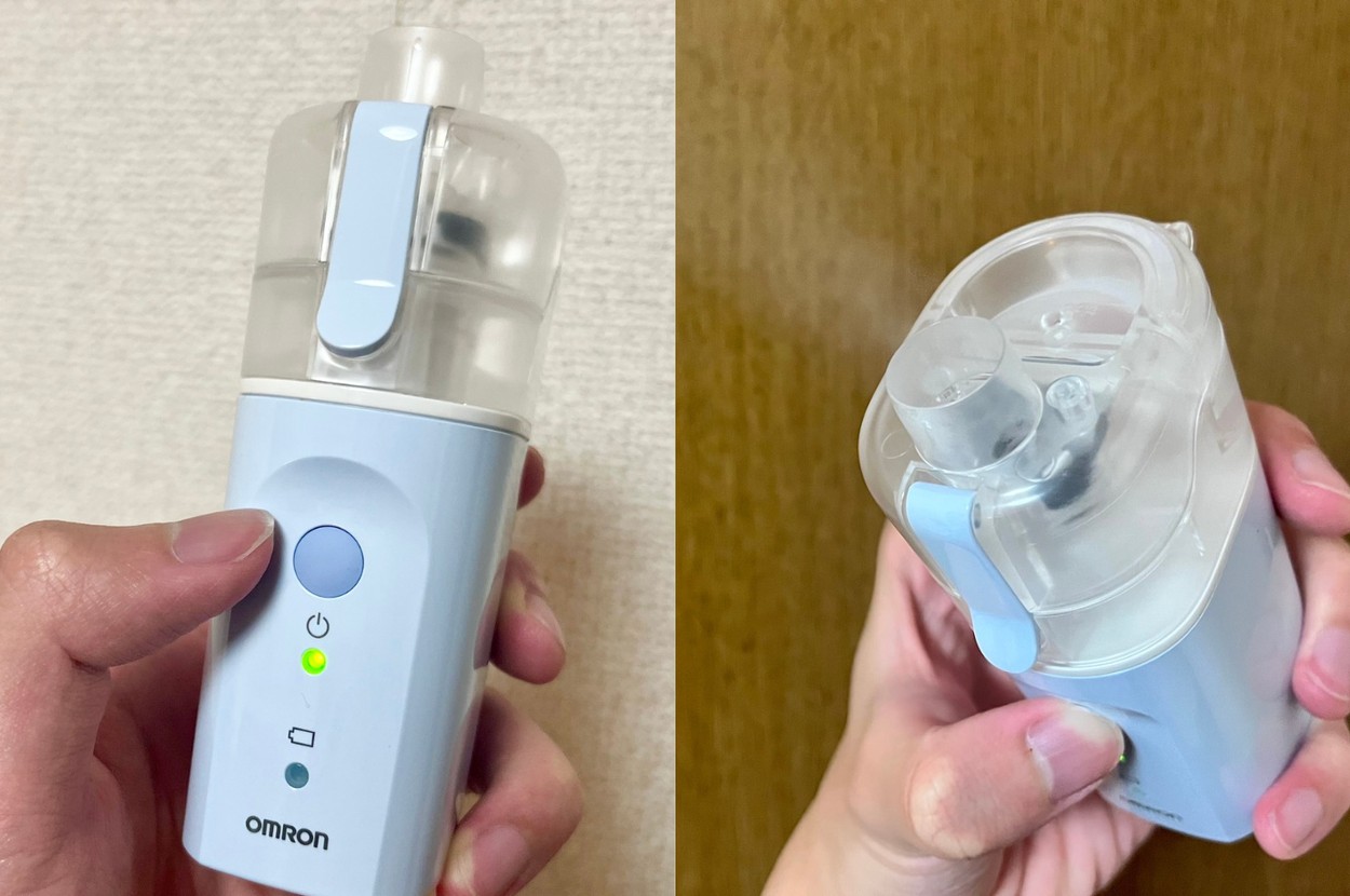 手に持たれたコンパクトな電動ネブライザーの前面と上面。