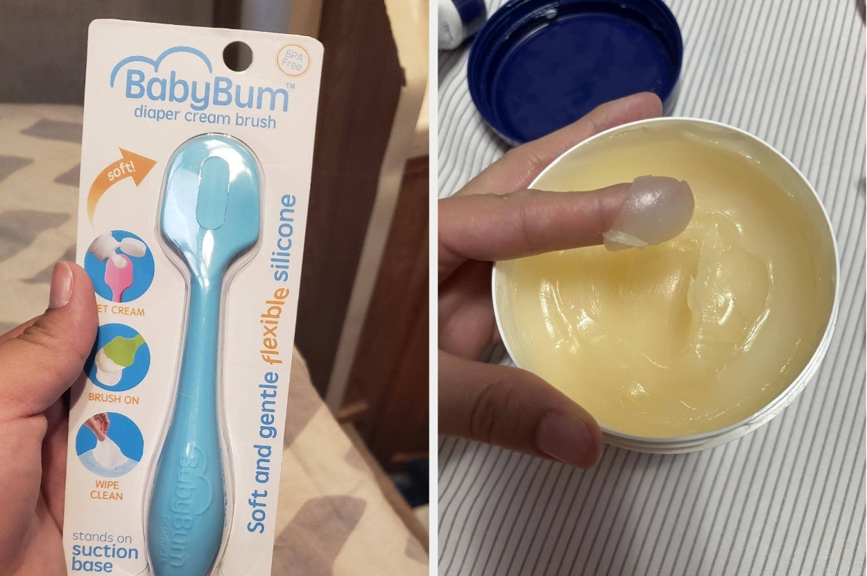 BabyBum diaper cream brush in packaging on the left; open container of cream with fingers dipping in on the right