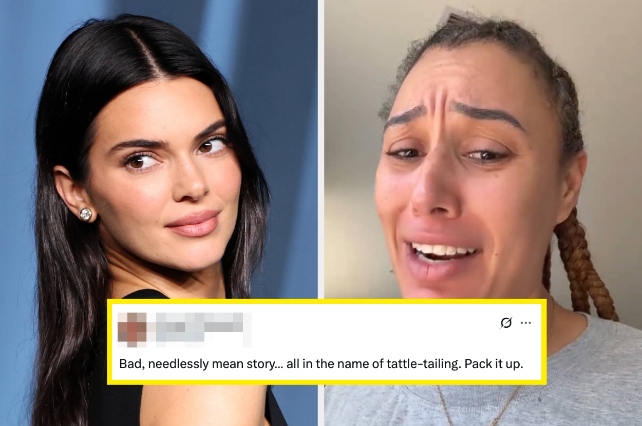 Two women are shown side by side: one styled with sleek hair in formal attire, and the other appears upset. A text overlay criticizes a story