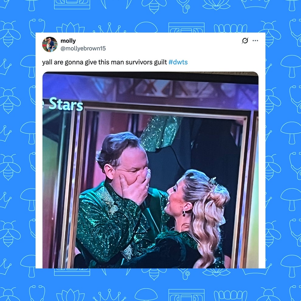 Here's A Show And Movie You Need To Watch This Weekend, Plus More TV And Movie News You Might've Missed 31 Tweet of two people in a gold-framed TV screen scene. One person covers their mouth in surprise. Caption mentions "survivor's guilt" and "#dwts."