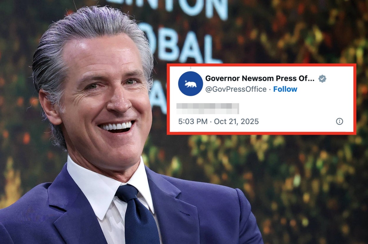 Smiling man in a suit and tie with inset text from "Governor Newsom Press Office" dated October 21, 2025, at 5:03 PM