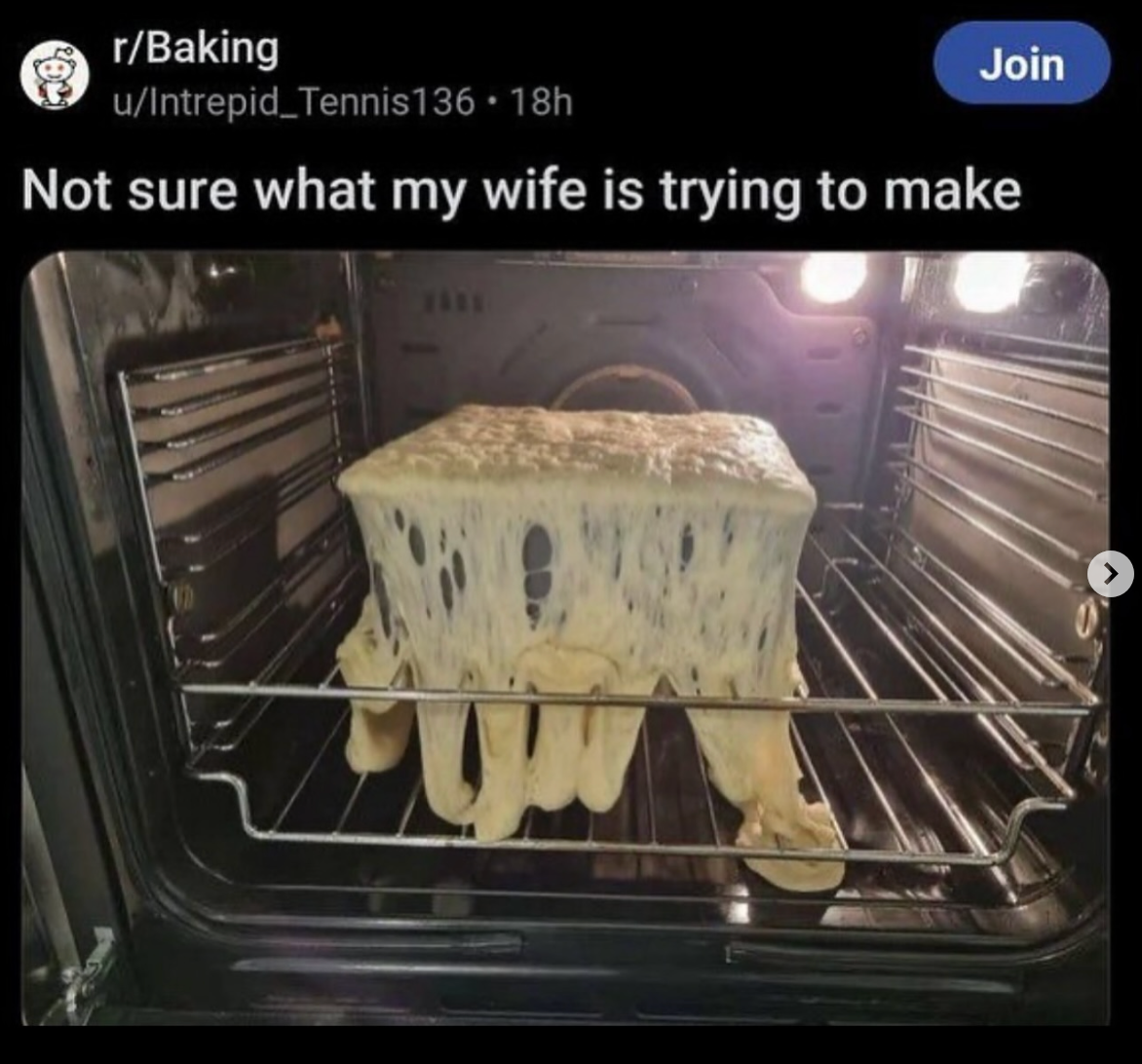 Melted dough spilling through oven rack; caption reads, &quot;Not sure what my wife is trying to make.&quot;