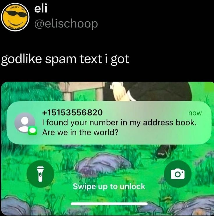 Screenshot of a humorous text message asking, &quot;Are we in the world?&quot;