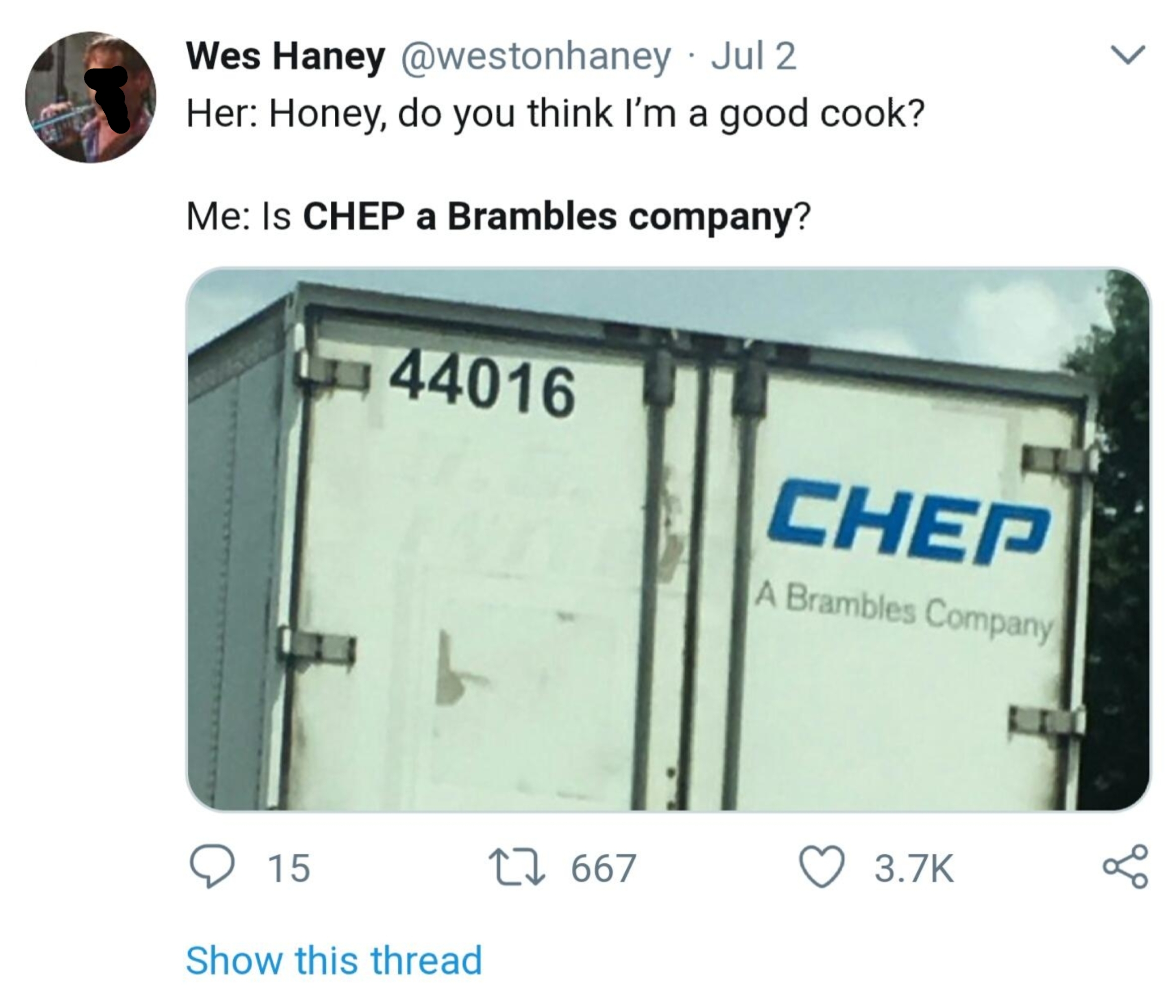 Tweet joke comparing cooking skills to the certainty of a company&#x27;s name on a truck