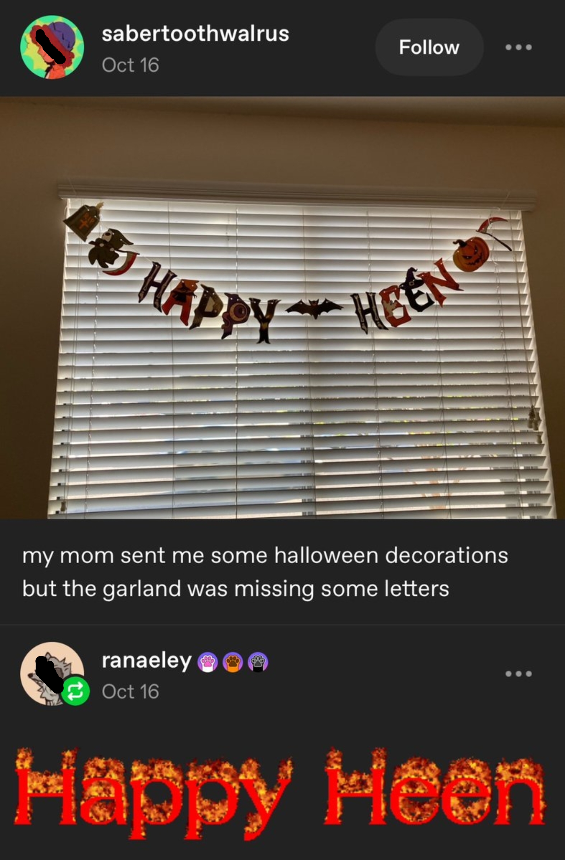 Halloween garland says &quot;HAPPY HEEN&quot; missing letters; comments humorously react to the error