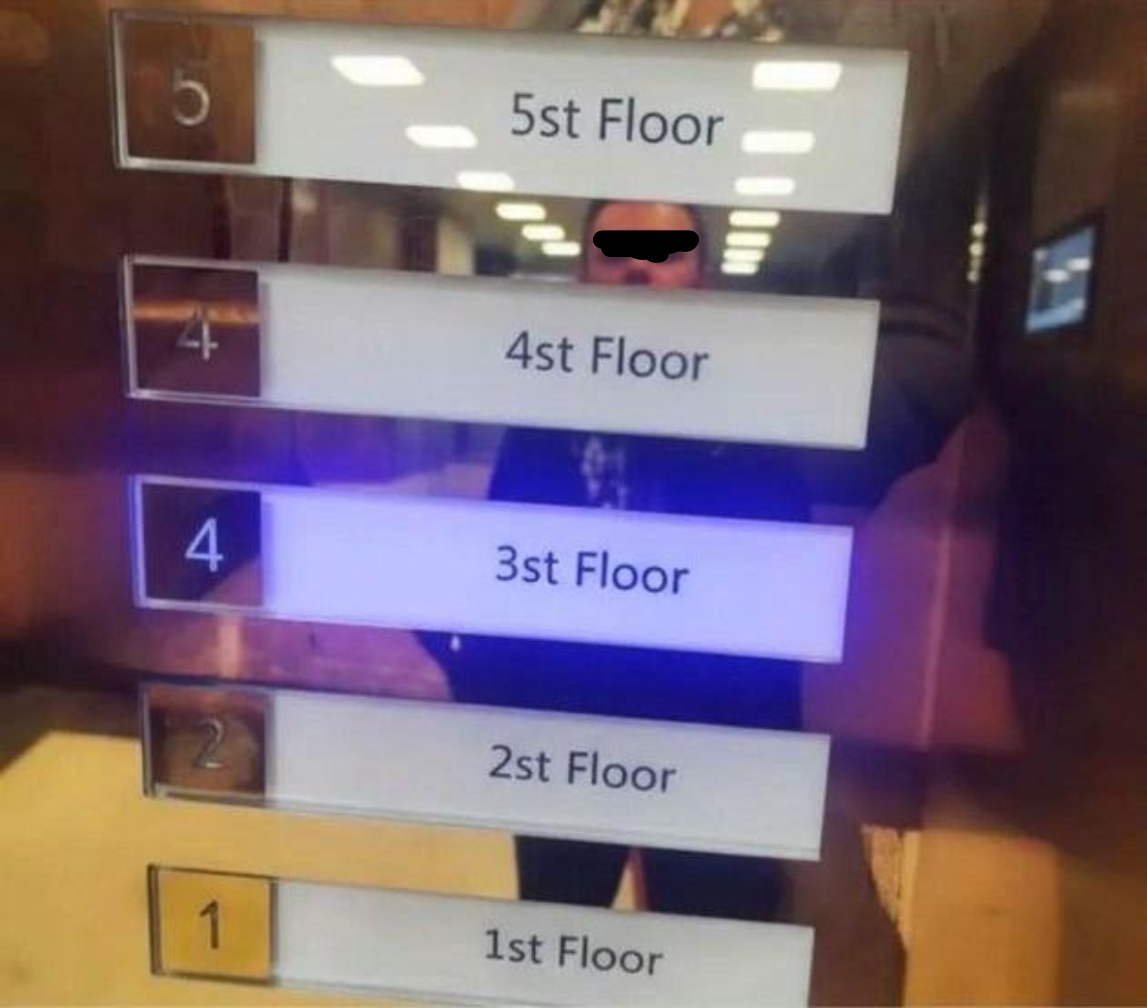 Elevator panel showing floors labeled as 5st, 4st, 3st, 2st, and 1st. Reflection of a person observing