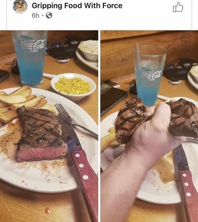 Two images of a steak and fries meal. Left: steak on a plate. Right: hand gripping steak with force, leaving an impression