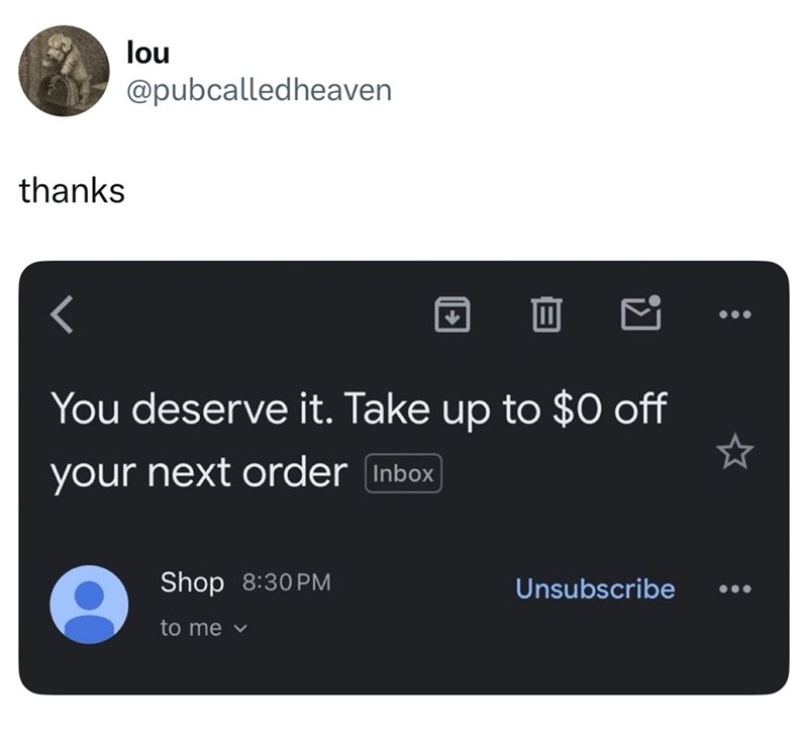 Screenshot of a tweet by lou about a message offering $0 off their next order