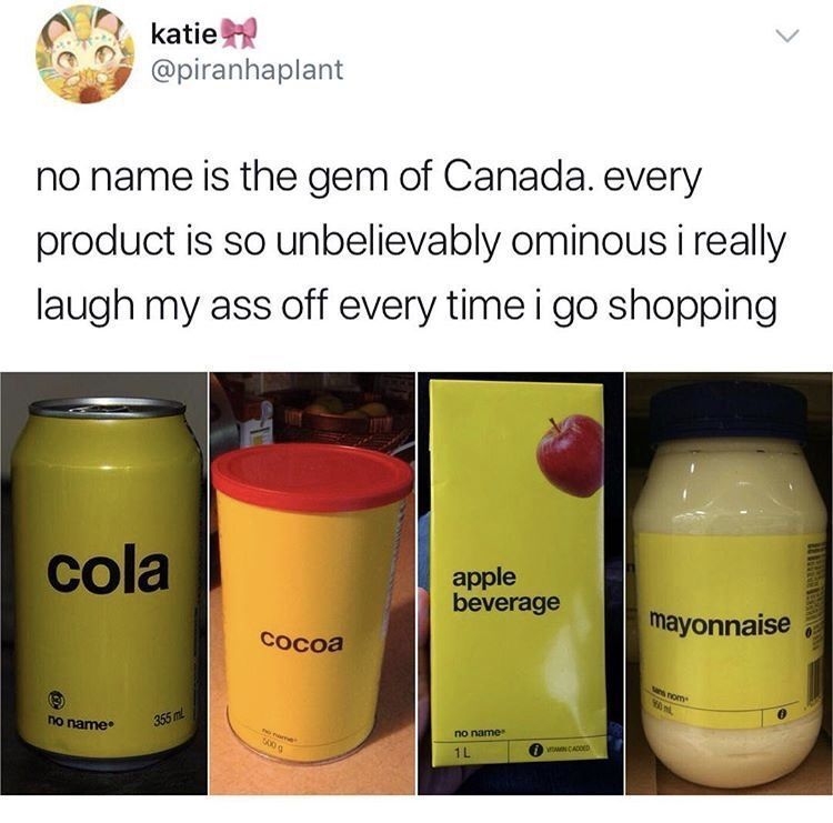 Image showing generic brand packaging of cola, cocoa, apple beverage, and mayonnaise products with humorous commentary on their simplicity