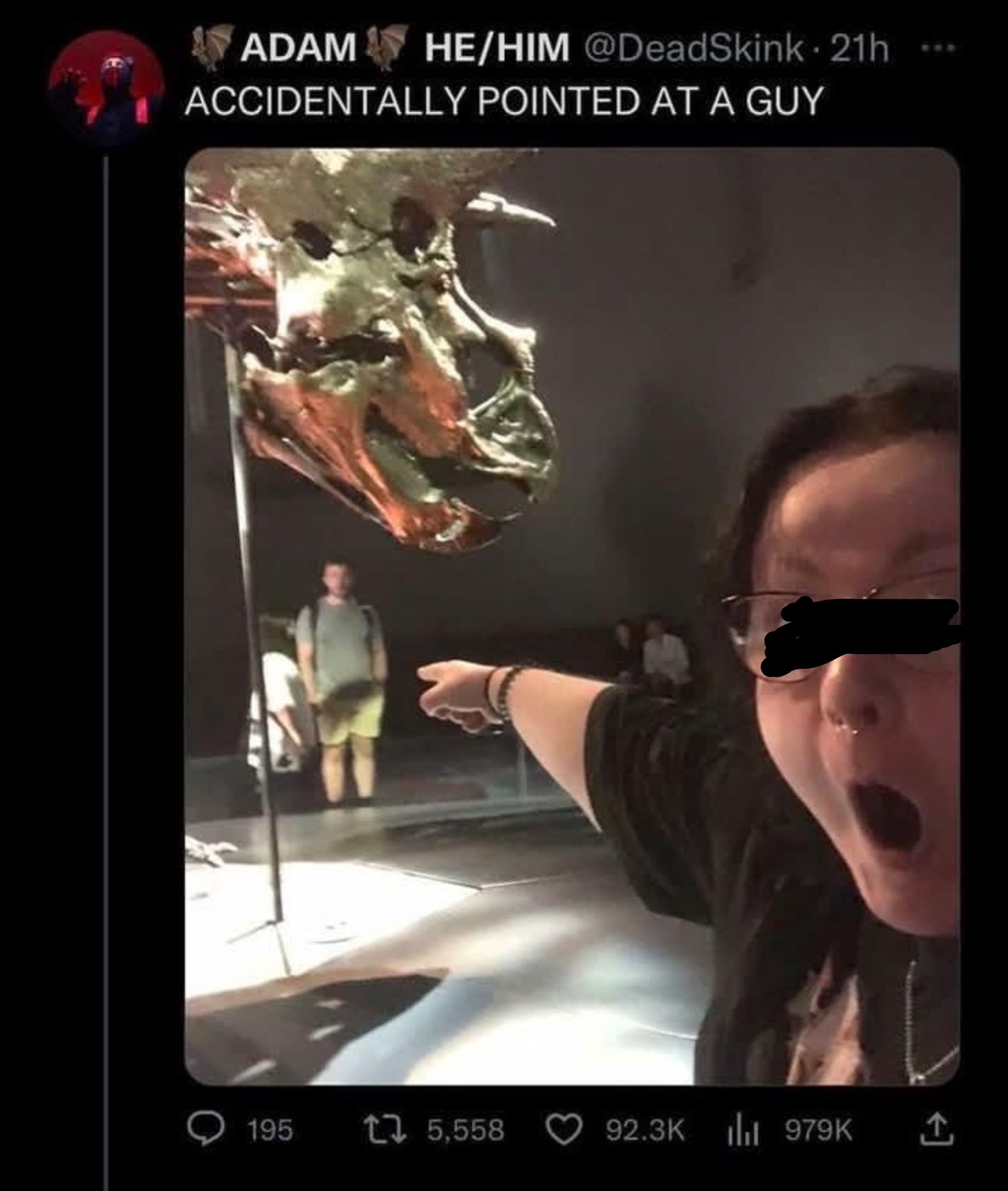 A surprised person points at a dinosaur exhibit, with playful text overlay about pointing at someone in the background