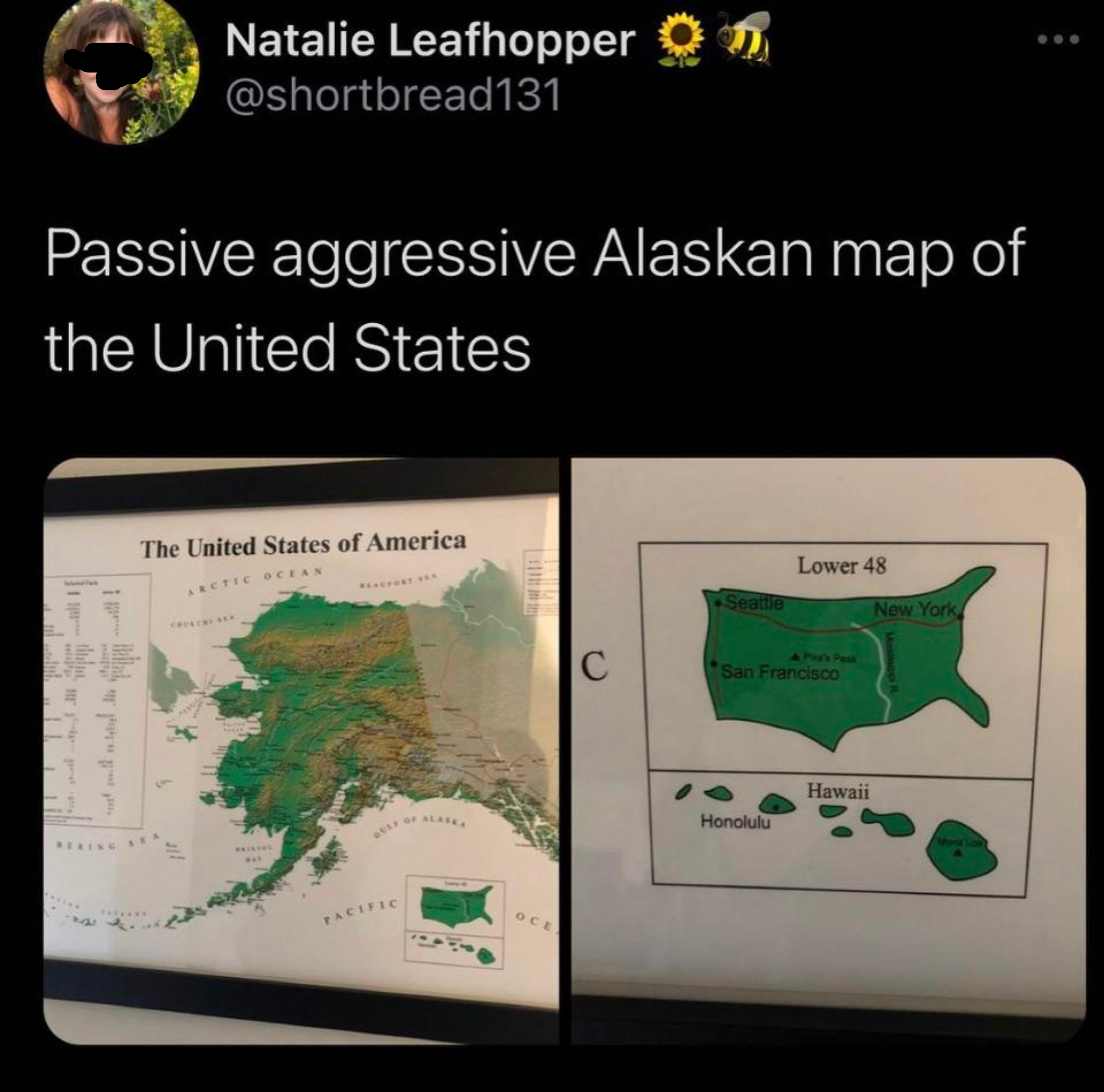 Two maps: Left is a standard U.S. map. Right emphasizes Alaska, showing an enlarged Alaska with smaller Lower 48 states labeled