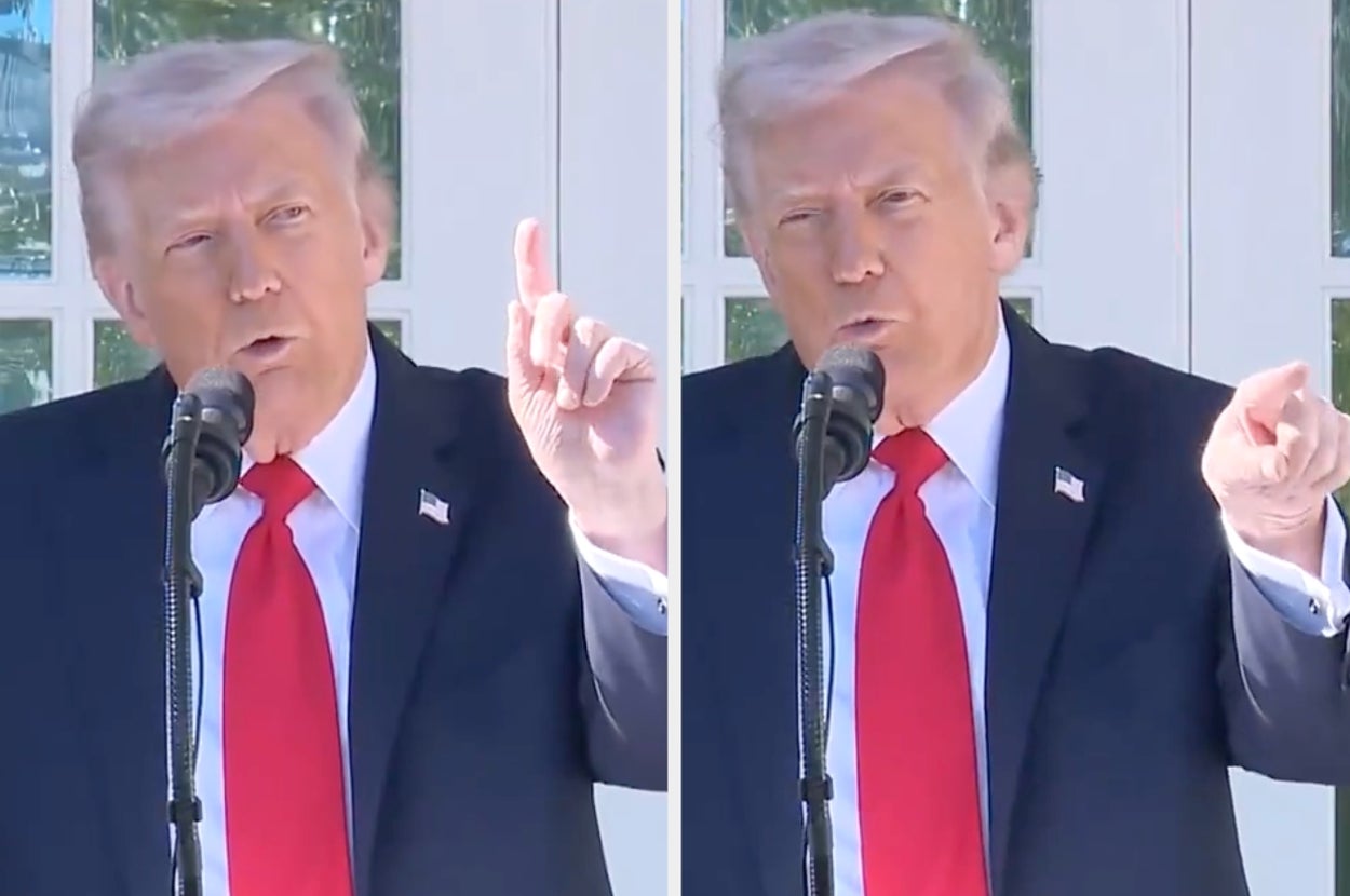 A man in a suit with a red tie speaks at a podium in two different poses, gesturing with his hand in each image
