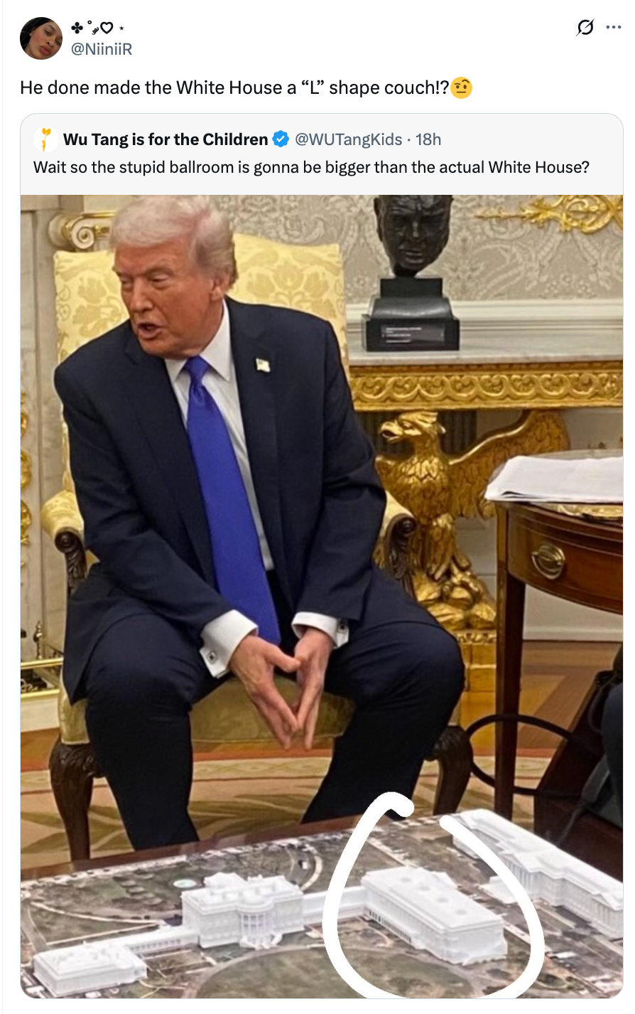 A man in a suit sits near a printed floor plan of the White House, humorously noting the ballroom&#x27;s size