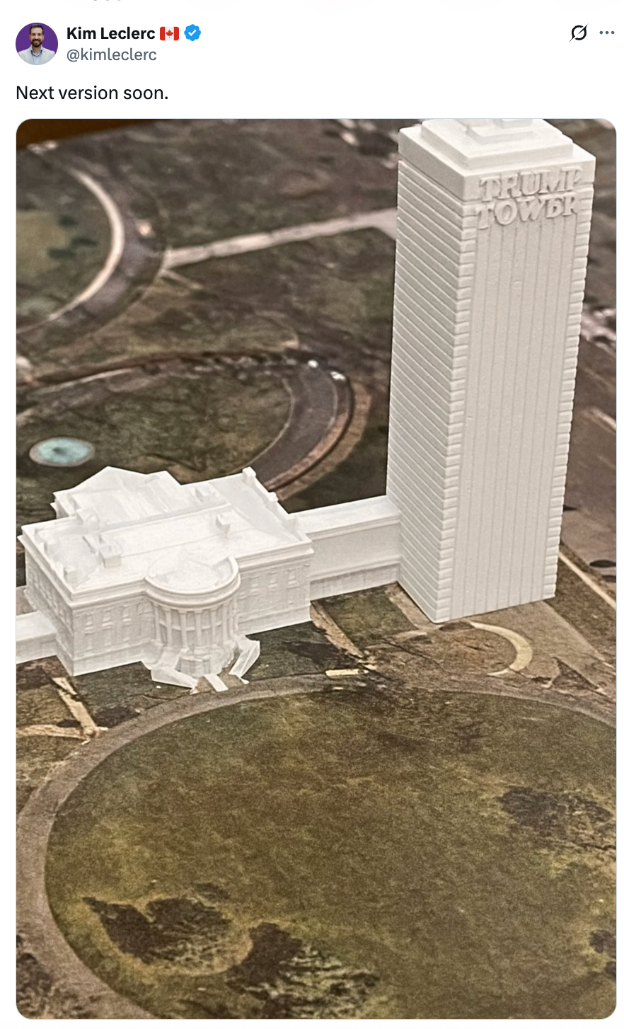 Miniature model showing the White House connected to a tall building labeled &quot;Trump Tower&quot; with caption &quot;Next version soon.&quot;