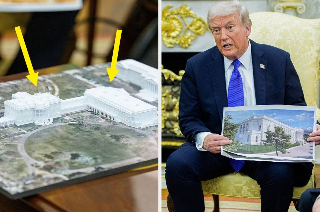 Two images: Left shows a model of a building with two yellow arrows pointing at it. Right shows a man in a suit holding a photo of a similar building